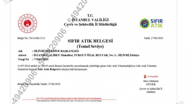 Silivri Belediyesine Temel Seviye Sıfır Atık Belgesi Verildi