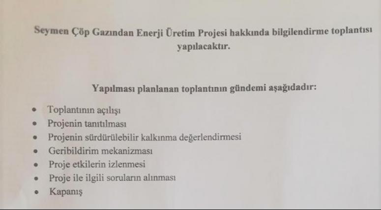 Seymen Çöp Gazından Enerji Üretim Projesi Hakkında Toplantı Düzenleniyor